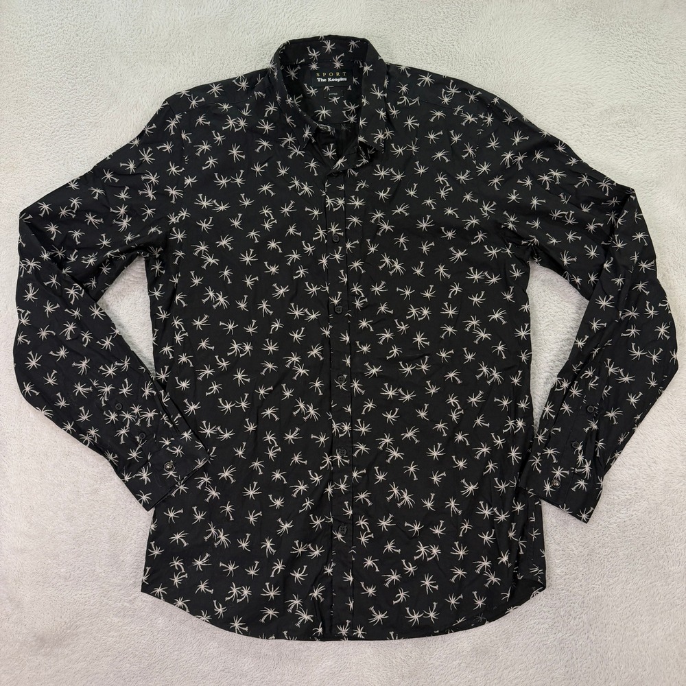 The Kooples Mens Large Button Down Shirt Black Palm Tree Print Fitted Designer
